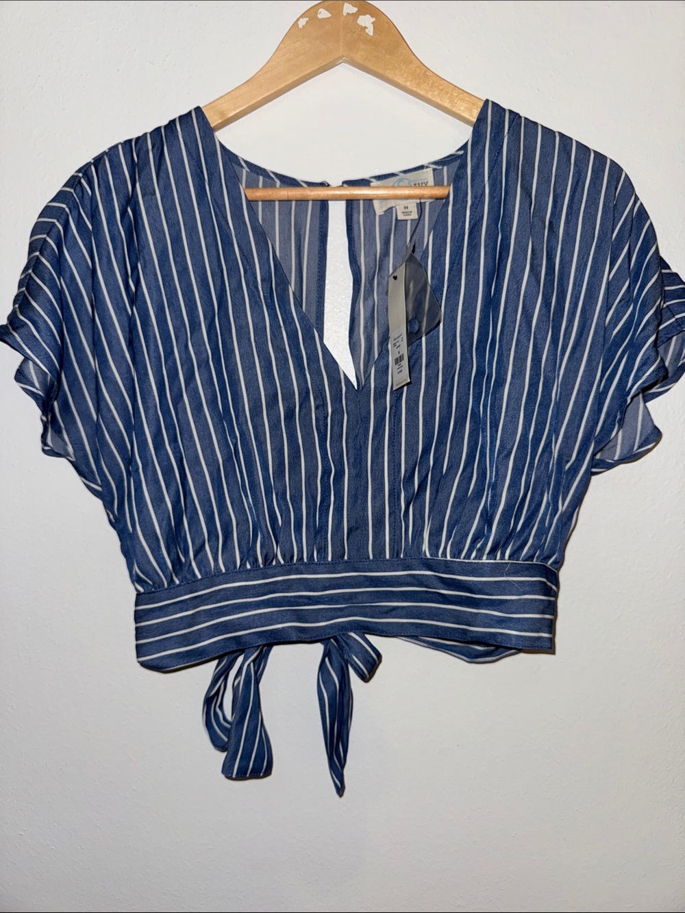 Striped Navy V-Neck Tie-Back Crop Top - Women